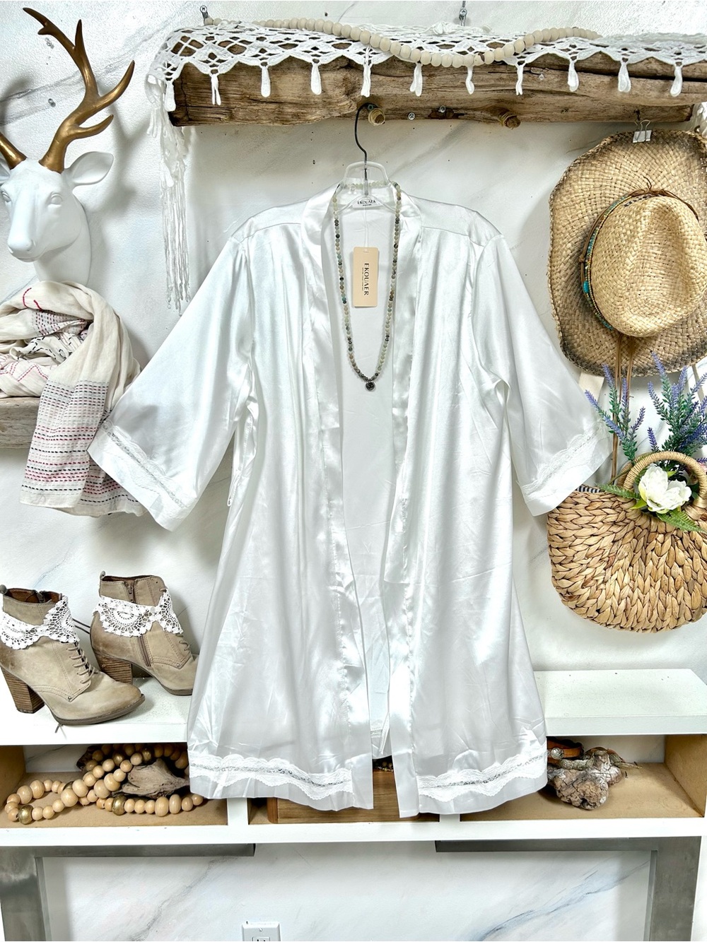 Shabby chic Satin Open Front lace detailing cover up w resort vacay beach vibe